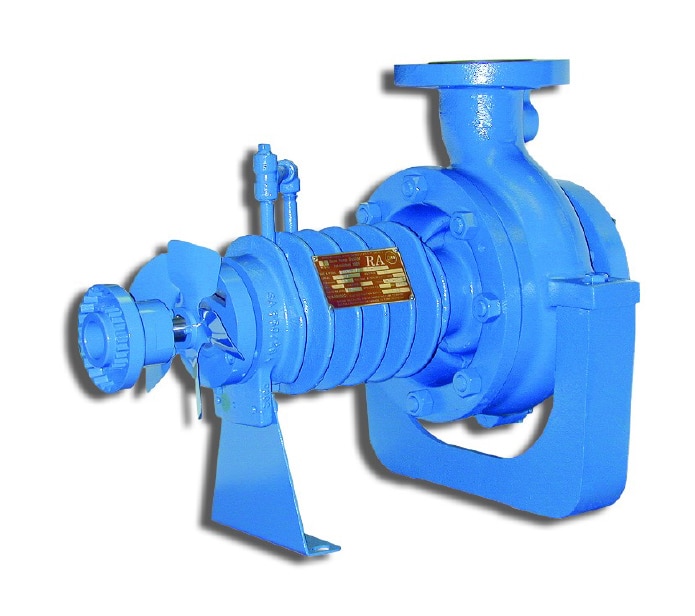 A blue, heavy duty centrifugal pump, is show. It is made of ductile iron and can move hot oil or thermal liquid with no water cooling required.