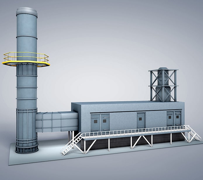 A rendering of a large industrial fume collection system. It is the size of several side by side shipping containers; links to Rolling Mill Fume Exhaust product page.