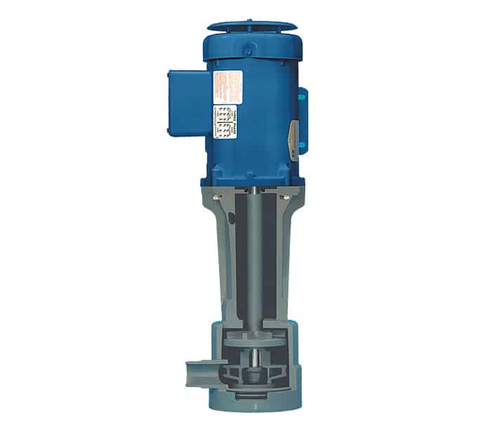 Eine blau lackierte Hochleistungspumpe zum Pumpen von Säuren und Laugen im Tank oder außerhalb des Tanks; Links zur Produktseite für dichtungslose Pumpen im Cantilever-Design.