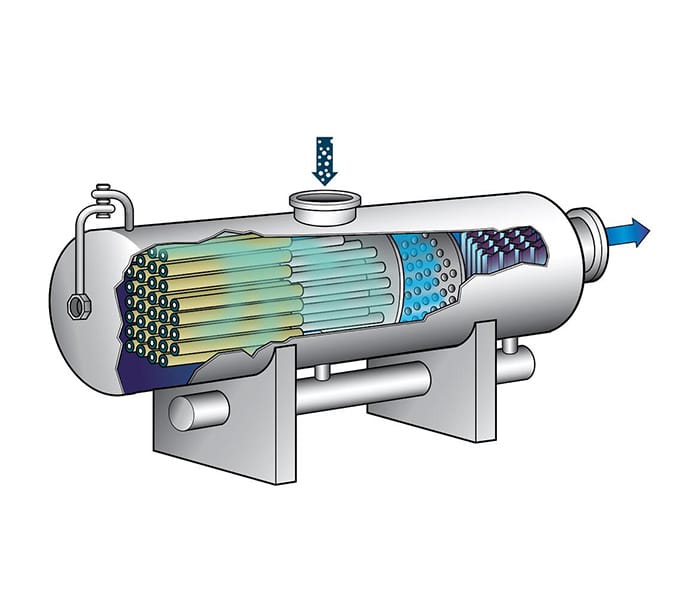 Una ilustración de un filtro separador diseñado para eliminar partículas sólidas y líquidas de las corrientes de gas; enlaces a la página del producto Filtro-Separador.