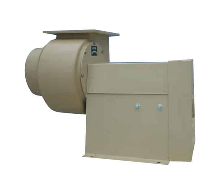 A tan centrifugal exhaust fan unit, with a cylindrical section on the left connected to a square box on the right; links to Centrifugal Exhaust Fans product page.