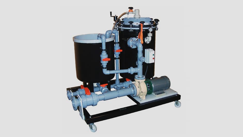 A corrosion resistant filtration system sits on a rolling platform. The two cylinders are black and connect via light blue piping.