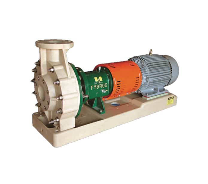 A heavy duty fiberglass centrifugal pump is painted green, orange and gray with Fybroc painted in yellow letters; links to Series 1500 Horizontal ANSI Pumps product page.