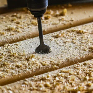 Woodworking drill generating fine dust particles on surface during operation